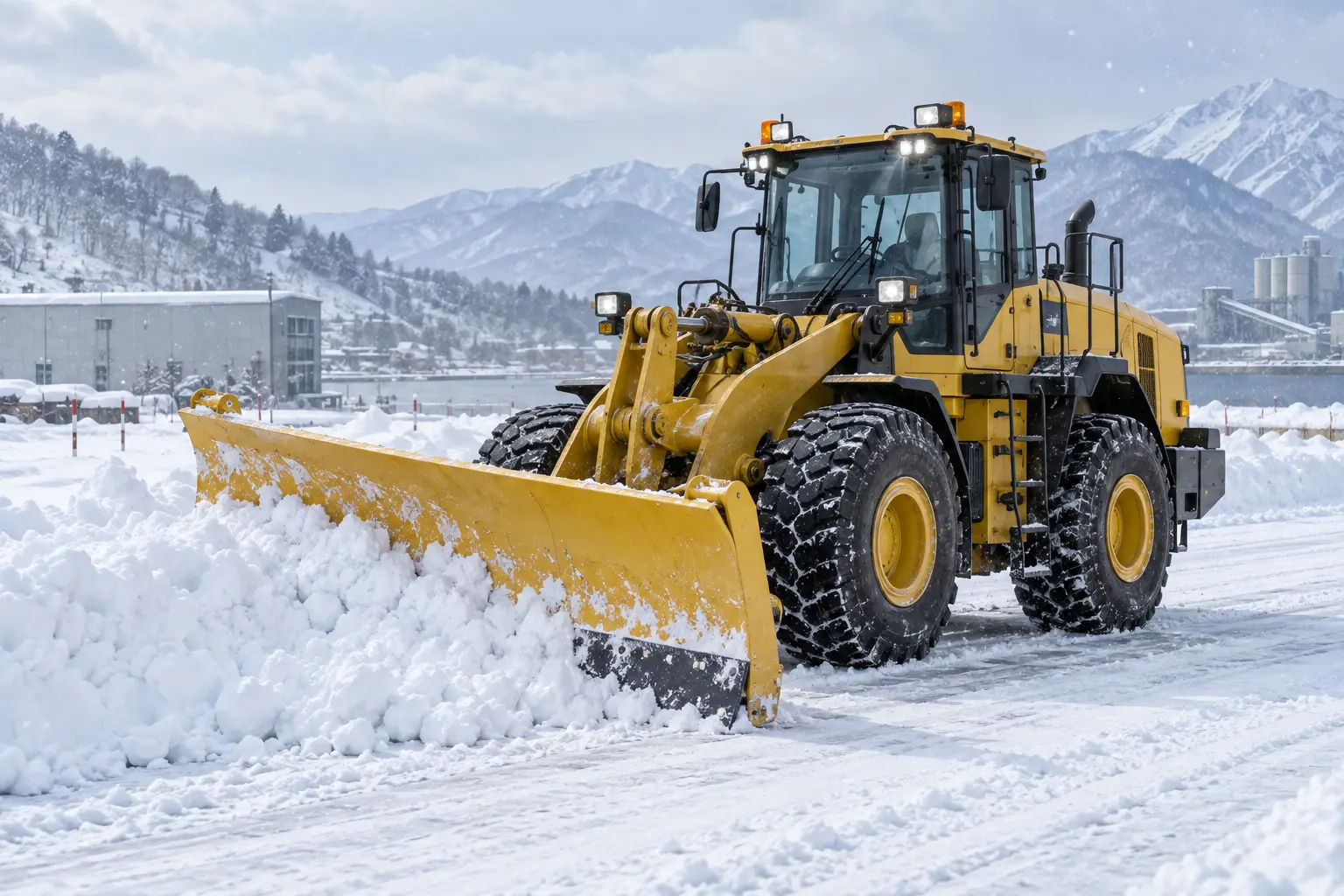 大型の除雪ブレードを装着して作業するホイールローダー